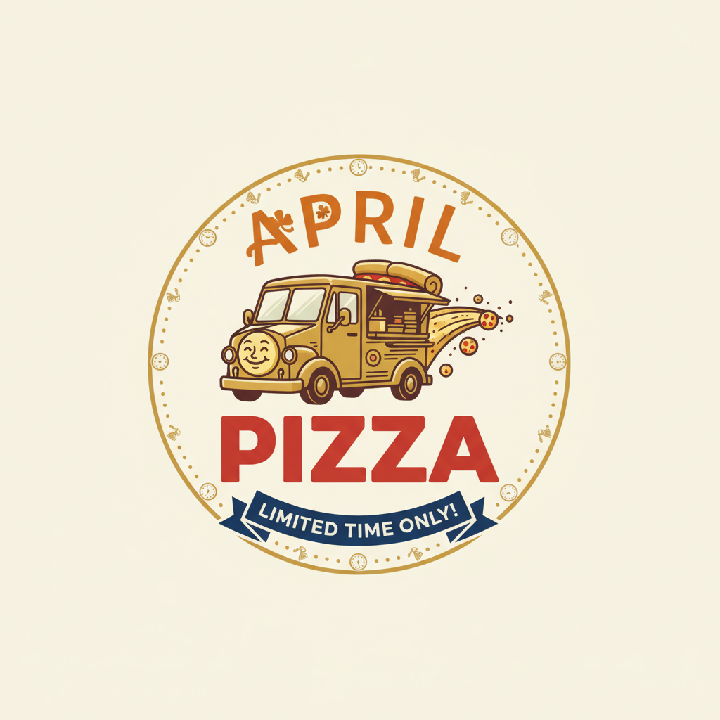 April Pizza logo featuring a cheerful pizza truck and limited-time badge