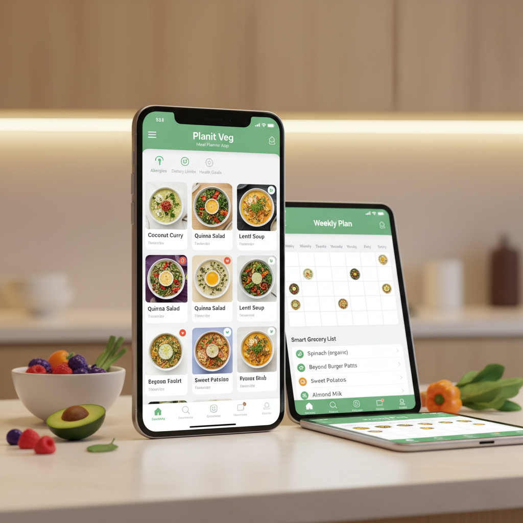 PlanIt Veg app showing recipe cards and weekly planner on devices
