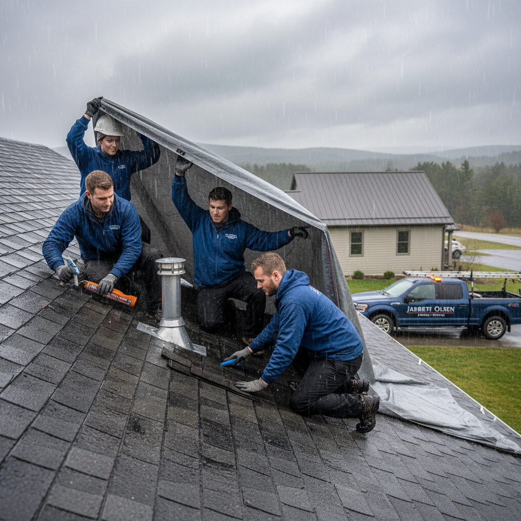 Emergency roof repair team protecting a leaky roof during rain